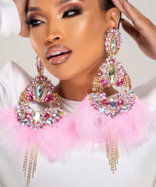 Pink Feather Tassel Earrings - Gold