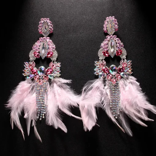Pink Feather Tassel Earrings - Silver