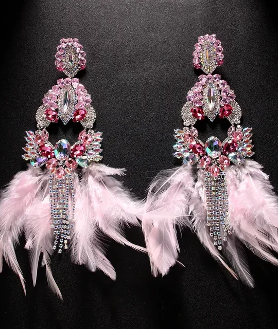 Pink Feather Tassel Earrings - Silver